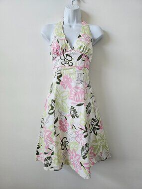 RUBY ROX White Pink Green Leaf Print Cotton Stretch Halter A Line Dress Size 3